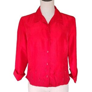 ICE Red Embroidered Beaded Silk Vintage Button Top Womens Size Large?
